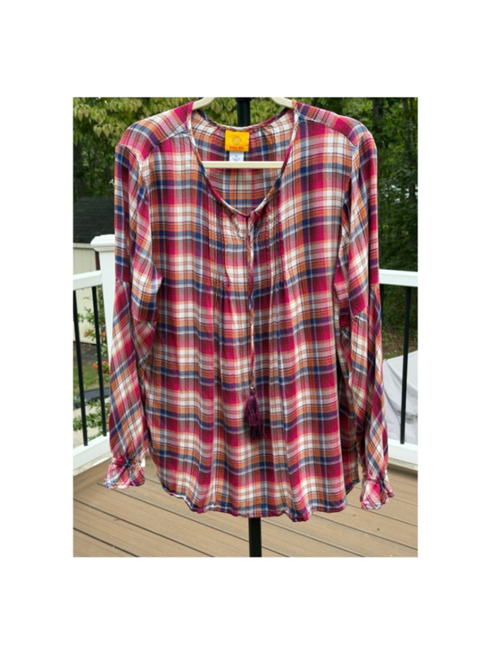 Ruby Rd. Tops - Ruby Rd. Plaid Red White Tassel Tie Neck Long Sleeve Blouse Sz. XL